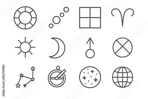 Astrology Line Icons. Line style icons of Astrology Study: Natal Chart, Planetary Alignment, House Division, Zodiac Sign; Sun