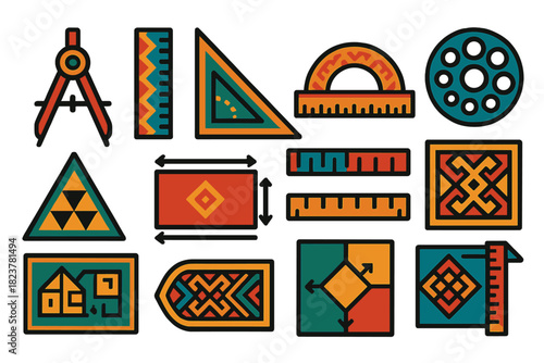Indigenous Geometry Icons. Flat vector icons of measurement and geometry in indigenous cultures: compass icon, ruler, angle