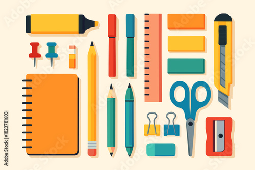 Colorful Stationery Flat Lay. Flat lay of colorful stationery supplies neatly arranged on a clean surface, vibrant tones and sharp