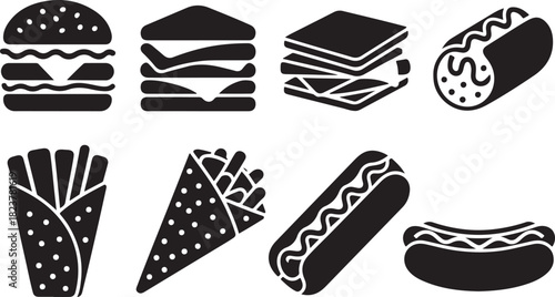 Black and white vector icons of fast food illustrations set