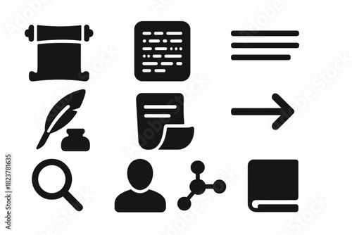 Ancient Writing Icons. Solid style icons of scriptio continua and early writing: ancient scroll, tablet, continuous text lines,