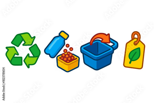 Circular Economy Icons. Isometric vector illustration set Circular Economy Icons: Closed recycling loop, plastic-to-pellet