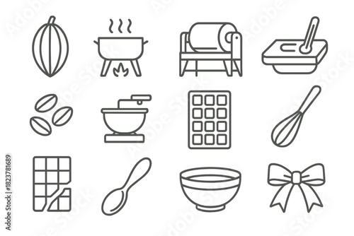 Artisan Chocolate Icons. Line style icons of Artisan Chocolate: Cacao Pod, Roasting, Conching Machine, Tempering; Cocoa Beans,