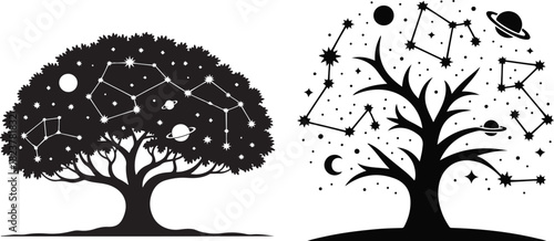 Celestial Tree of Constellations and Planets Science Art Illustration Design