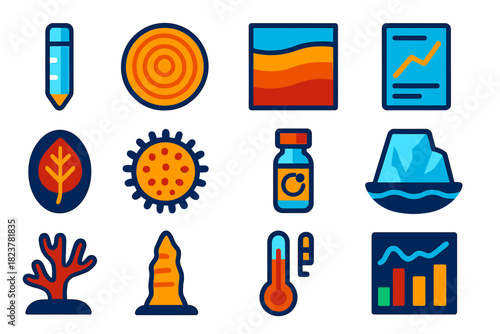 Paleoclimatology Icon Set. Flat vector icons of Paleoclimatology: ice core, tree ring, sediment layer, climate record, fossil leaf