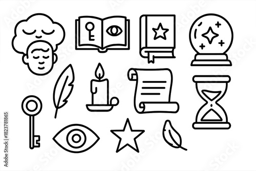 Mystical Icon Collection. Line style icons of Mystical Analysis: Dream Reading, Symbol Guide, Old Manuscript, Future Prediction;