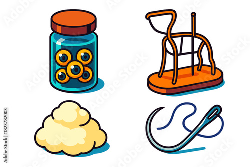 Victorian Taxidermy Tools. Isometric vector illustration set Victorian Taxidermy Tools: Glass eye jar, wire frame, stuffing cotton