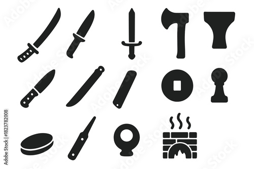 Bladesmithing Icons Set. Solid style icons of Bladesmithing: Katana, Dagger, Shortsword, Longsword, Axe Head, Knife, Scabbard,