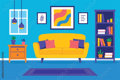 Bright minimalist living room interior with yellow sofa, bookshelf, window and decor elements. Colorful flat illustration of modern home design, cozy space and comfortable furniture.