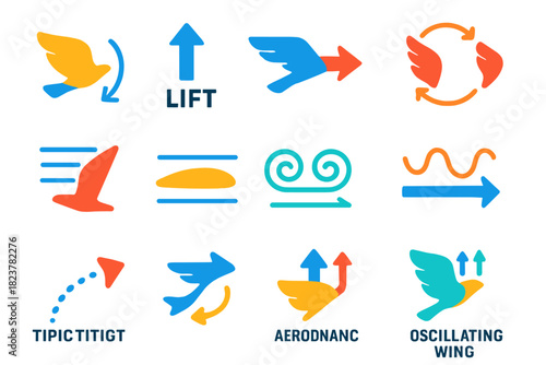 Flapping-Wing Mechanics Icons. Flat vector icons of flapping-wing flight mechanics: wing stroke, lift arrow, thrust arrow,