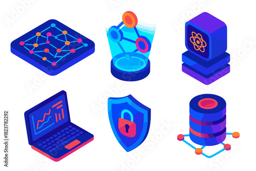 Future Network Vision. Isometric vector illustration set Future of Network Analysis: AI-powered network map, holographic nodes,