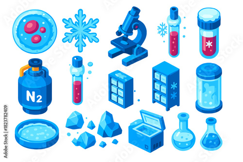 Cryobiology Icons Set. Isometric vector illustration set Cryobiology: suspended frozen cell, detailed ice crystal, laboratory