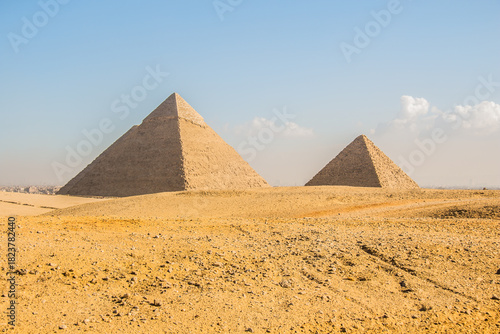 Egypt Antiquities, Archeology photography, Great Pyramid of Giza, Cheops Pyramid, Photo is selective focus with shallow depth of field. New angle panorama view shot, Taken Cairo Egypt on 25 Nov 2025