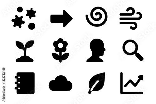 Pollen Dispersal Icons. Solid style icons of pollen dispersal models: pollen grains, arrow, spiral, wind swirl, plant, flower,