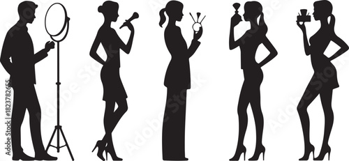 Fashion and Beauty Silhouettes of People Applying Makeup and Taking Photos