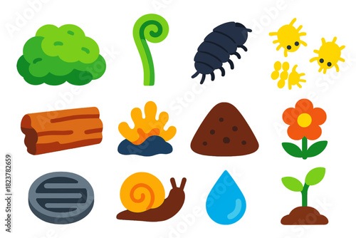Terrarium Icon Set. Flat vector icons of Terrarium Life: moss cushion, fern sprout, tiny isopod, springtail group, bark piece,