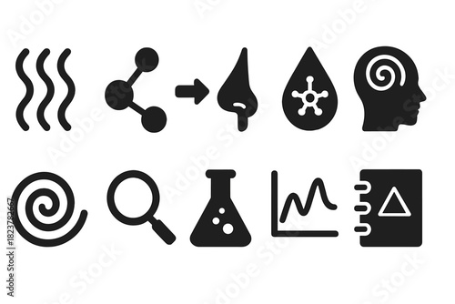Vibration Theory Icons. Solid style icons of vibration theory of olfaction: wavy lines, molecule, arrow, nose, chemical droplet,