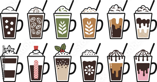 Festive holiday and seasonal coffee beverages illustration vector design set
