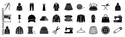Icons of sewing supplies, apparel items, and tailoring tools. Perfect for crafting, retail, or fashion industry use.