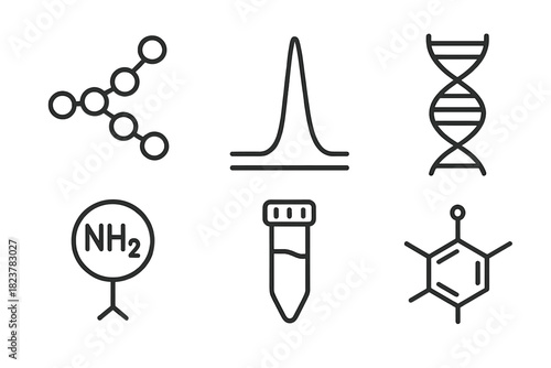 Biomolecular Analysis Icons. Line style icons of Biomolecular Analysis: peptide chain, protein peak, DNA fragment, amino acid