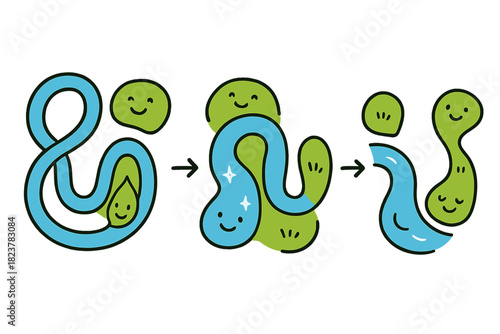 Cheerful Oxbow Lake Doodle. Playful doodle oxbow lake formation with happy river loops, cartoon water cutting through, smiling