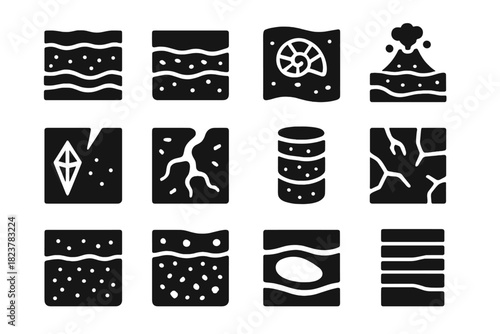 Geological Layer Icons. Solid style icons of Geological layers: soil strata, sediment rocks, fossil layer, volcanic ash, mineral