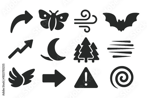 Evasive Flight Icons. Solid style icons of evasive flight and maneuvering: curved arrow, flying moth, wind swirl, bat silhouette,