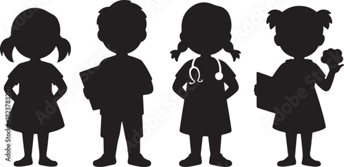 Silhouette of Four Children Representing Different Professions and Roles