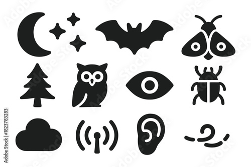 Nocturnal Wildlife Icons. Solid style icons of nocturnal wildlife and interaction: moon, stars, bat, moth, forest tree, owl, alert