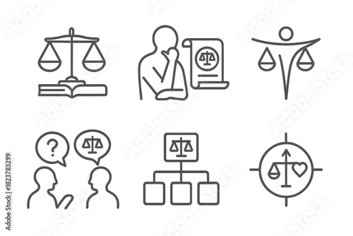Legal Philosophy Icons. Line style icons of Legal Philosophy Concepts: balanced scales over book, thinking figure with law scroll,