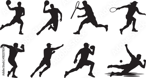 Silhouettes of athletes engaged in various sports and active pursuits