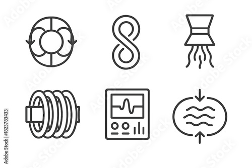 Plasma Device Icons. Line style icons of Experimental Plasma Devices: spheromak core, stellarator loops, plasma injector nozzle,