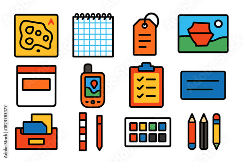 Archaeological Tools Icons. Flat vector icons of Archaeological Documentation: site sketch, grid notebook, artifact tag,
