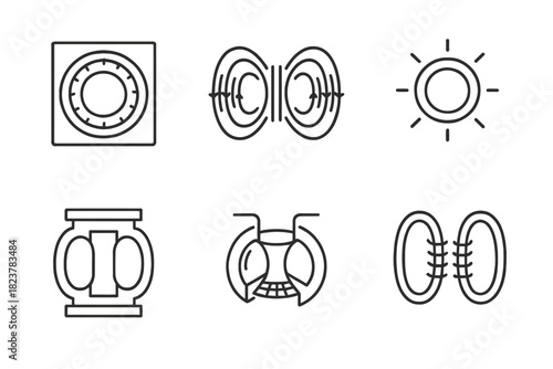 Fusion Reactor Icons. Line style icons of Fusion Reactor Containment: tokamak coil, magnetic confinement lines, plasma ring,
