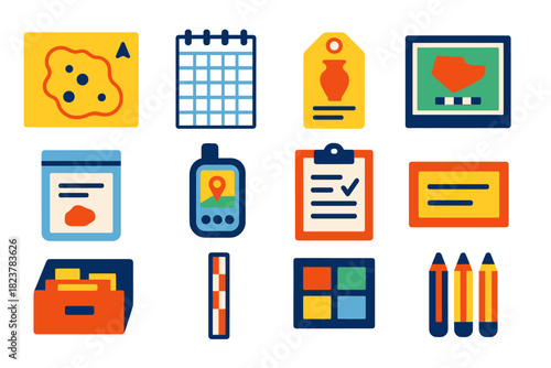 Archaeological Tools Icons. Flat vector icons of Archaeological Documentation: site sketch, grid notebook, artifact tag,