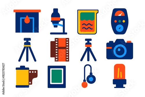 Analog Photography Icons. Flat vector icons of Analog Photography: darkroom, enlarger, developer tray, film negative, light meter,