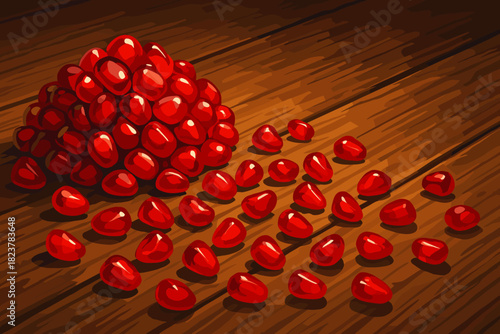 Pomegranate Seeds Overflow. Vibrant pomegranate seeds vector illustration spilling onto a rustic wooden table, illuminated by soft