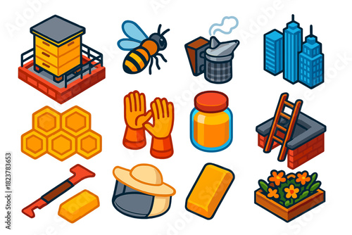 Urban Beekeeping Icons. Isometric vector illustration set Urban Beekeeping: beehive on rooftop, bee insect, metal smoker, city