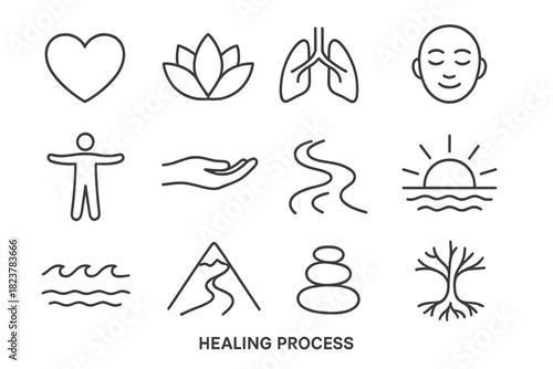 Healing Symbols Icons. Line style icons of healing process: heart symbol, lotus flower, breathing lungs, resting face; open arms,