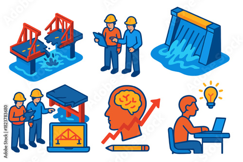 Engineering Disaster Illustrations. Isometric vector illustration set Engineering disaster analysis: bridge collapse scenes, dam