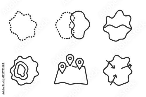 Isogloss Mapping Icons. Line style icons of Isogloss Mapping: dotted language boundary, overlapping dialect zones, linguistic