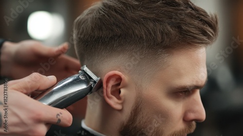 Close-Up of a Barber Giving a Modern Fade Haircut to a Young Man in a Stylish Barbershop Setting