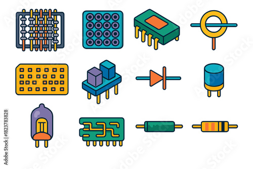 Analog Memory Icons. Isometric vector illustration set Analog Memory: core rope weave, ferrite magnetic core, retro chip, single