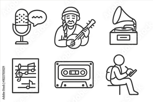 Indigenous Music Icons. Line style icons of Indigenous Music Documentation: oral tradition recording, elder with instrument,