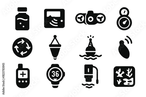 Marine Research Icons. Solid style icons of Marine research: water sample bottle, sonar device, underwater drone, depth gauge,