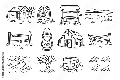 Deserted Homestead Icons. Line style icons of Deserted Homesteads: Abandoned Homestead, Wagon Wheel, Well, Vast Landscape; Broken