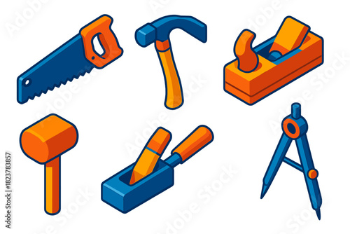 Shipwright Tools Icons. Isometric vector illustration set Shipwright Tools: hand saw, adze axe, plane tool, mallet, chisel set,