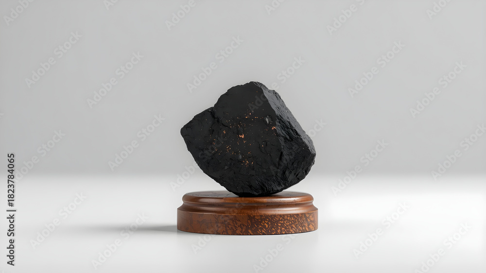 Fototapeta premium Close-up charcoal piece on wooden pedestal, detailed black texture on clean white background, soft lighting, high contrast, professional commercial style for product, craft, and material visuals.