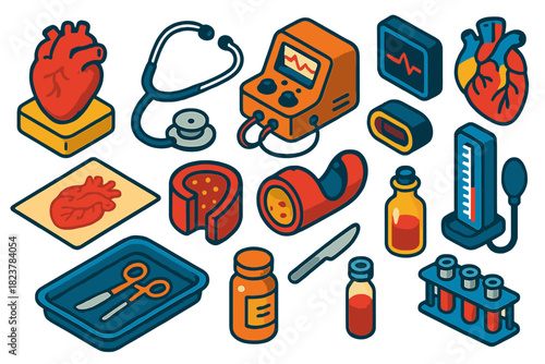 Vintage Cardiology Illustrations. Isometric vector illustration set Vintage Cardiology: human heart wax cast, steel diaphragm