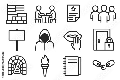 Resistance Icons Collection. Line style icons of Resistance Movement: Hidden Flag, Secret Meeting, Pamphlet, Oppressed People;